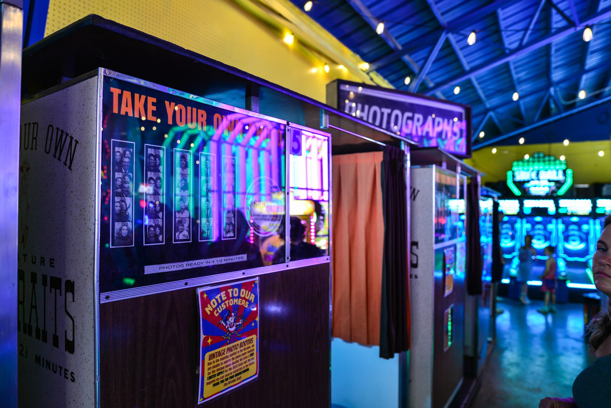 Photo booth in well lit arcade